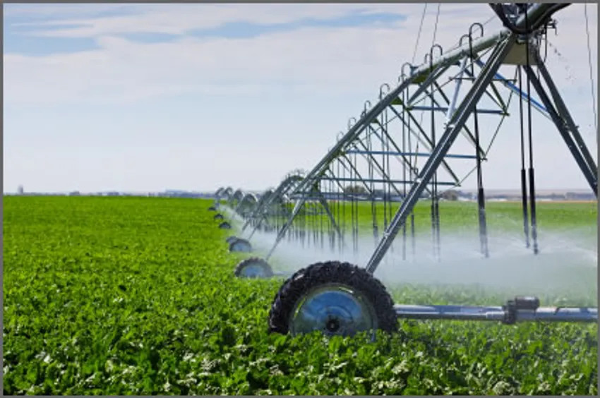 Center-pivot irrigation system watering a crop field